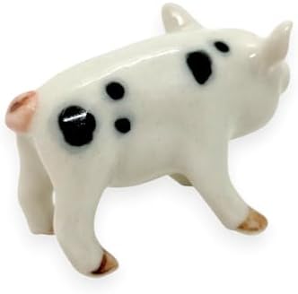 WitnyStore Tiny 1⅜" White Black Stand Baby Pig Curled Tail Figurine - Miniature Hand Made Ceramic Pigs Swine Hog Piglet Livestock Farm Animals Cute Porcelain Decorative Collectible Figures Décor Gifts