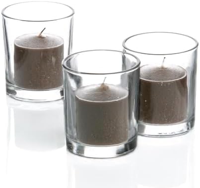 Set of 12 Brown Cinnamon Bun Scented Richland Votive Candles and 12 Clear Glass Eastland Votive Holders