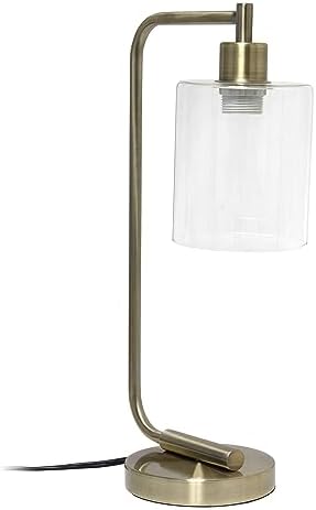 Simple Designs LD1036-ABS 18.8" Industrial Vintage Bronson Antique Style Industrial Iron Lantern Desk Table Lamp with Glass Cylinder Shade for Home Décor, Office, Living Room, Bedroom, Antique Brass