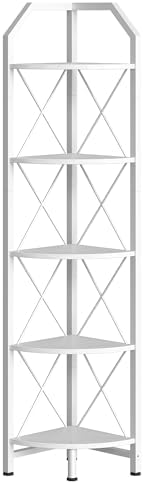 CHOEZON 5-Tier Corner Shelf, Industrial Corner Bookshelf, 59.4" Corner Storage Stand, Plant Stand Display Shelf, Corner Bookcase for Bedroom, Living Room, Home Office, White TCJ10WB