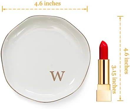 HOME SMILE Initials Ring Dish Jewery Tray with Personalized W-Monogrammed Engagement Wedding Gifts for Friends,Sister,Birthday Christmas Gifts for Women,Ceramic White