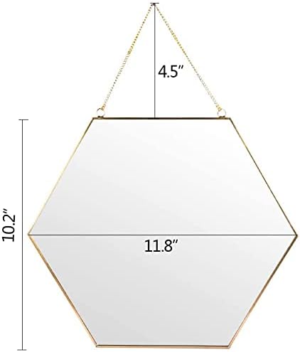 LONGWIN Hanging Wall Hexagon Mirror Decor Gold Geometric Mirror with Chain for Bathroom Bedroom Living Room 11.8"x 10.2"