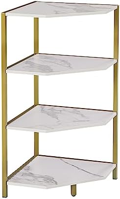VECELO 31 Inch Corner Shelf, 4-Tier Display Shelves, Wood Storage Stand with Metal Frame, Multipurpose Shelving Unit for Small Space, Home Office,Brushed Gold