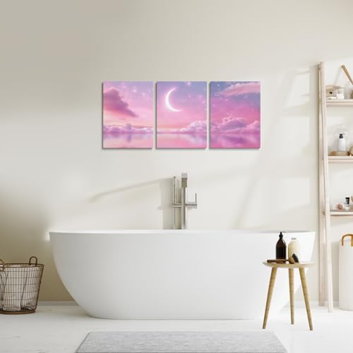 Feelyou Pink Galaxy 3 Piece Canvas Wall Art for Living Room Bedroom Starry Moon Wall Art for Home Decor Dreamy Nebula Office Decor Artwork Outer Space Picture Painting Posters