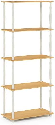 Furinno TURN-S-TUBE Storage Shelves, 5-Tier Book Shelf, Corner Shelf, Toolless Open Shelves, Classic Tubes, for Organization and Storage, Living Room, Garage, Home Office, Beech