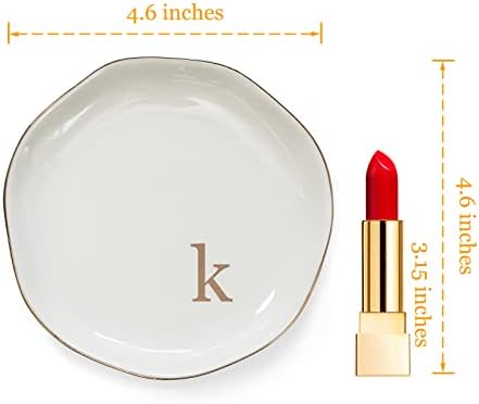 HOME SMILE Initials Ring Dish Jewery Tray with Personalized K-Monogrammed Engagement Wedding Gifts for Friends,Sister,Birthday Christmas Gifts for Women,Ceramic White