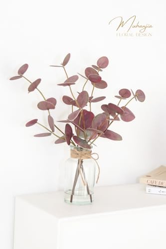 Muhanjia Artificial Eucalyptus Stems in Glass Vase with Faux Water,3Pcs Fake Plant with Double-Sided Purple Leaves for Centerpiece(Double-Sided Purple Eucalyptus)