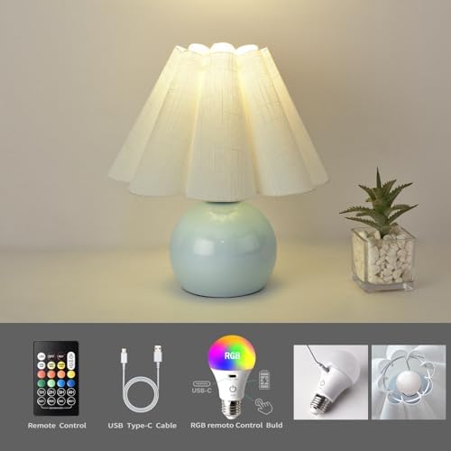Rechargeable Crodless Small Table Lamp, Battery Operated Remote Control LIght Blue Mini Cute Table Lamps for Bedroom Nightstand, Cute Small Table Lamp for Small Spaces for Kitchen Counter, Bookshelf