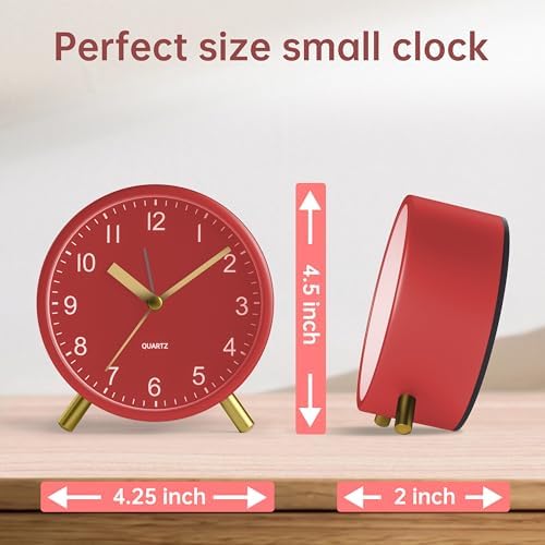 JALL Analog Alarm Clock, 4 inch Super Silent Non Ticking Small Clock with Night Light, Battery Operated, Simple Design, Easy Setting for Office, Bedroom, Bedside, Desk, Teens, Elders, Adult, Red