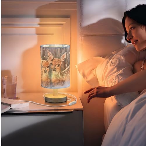 Two Fawns in Snow Forest Winter Landscape Bedside Table Lamps with USB Port for Bedroom Lamp Accent Table Lamp Small Nightstand Lamp Sturdy Linen Shade Wooden Decorative Lamps for Home|Kids|Holiday