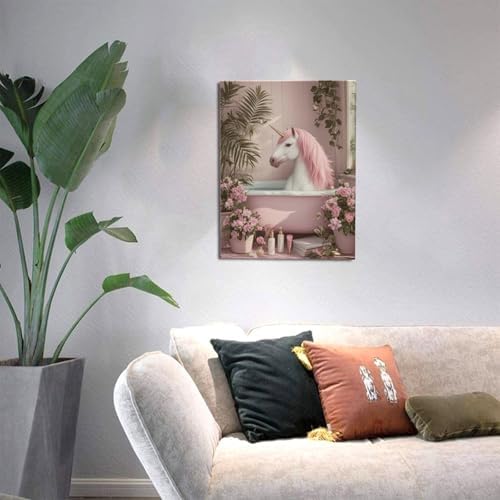 Pink Unicorn Bathroom Decor Wall Art Unicorn in Bathtub Canvas Prints Painting Cute Animal Bathing Pictures Artwork Home Decorations for Girls Restroom Framed Gifts 12"x16"