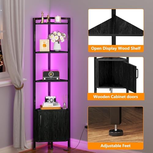 Furnulem 5-Tier Corner Shelf with LED Light,Black Corner Cabinet with Doors