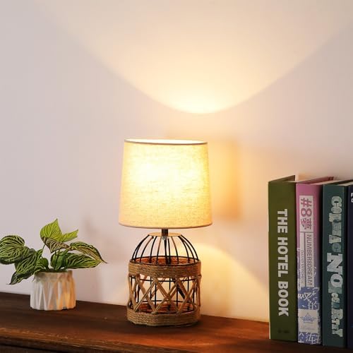 Boho Table Lamp for Bedroom, Small Bedside Lamp with Rattan Metal Cage Base and Linen Shade, Nightstand Lamp for Living Room, Farmhouse Coastal Rustic Bedroom Decor, E26 Socket, Bulb Not Included