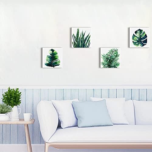 Nature Wall Art Green Plant Wall Decor Tropical Botanical Leaves Pictures Canvas Prints Bedroom Minimalist Boho Sage Monstera Leaf Painting Artwork for Bathroom Living Room Home Decorations 8x8” 4 Pcs