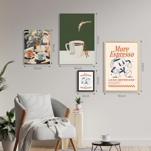 Cyebmo Funny Coffee Wall Art, Vintage Cafe Kitchen Wall Decor, More Espresso Less Depresso Art Prints, Beige Dorm Poster Print for Home Office Coffee Bar Kitchen Wood Framed Ready to Hang 8x10 Inch