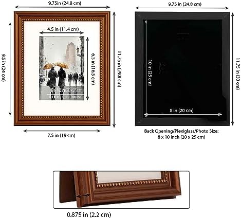 8x10 in Wood Classic Gallery Picture Frame Set, Ornate Beaded Inner, Matted for 5x7 Photo, Multiple Way Display, Brushed Antique Brass