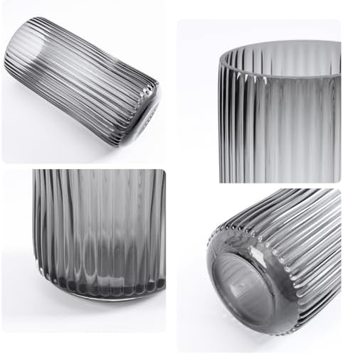 Thick Ribbed Glass Vase for Flowers, 8 Inch Tall Grey Cylinder Vase for Centerpieces, Decorative Modern Flower Vases for Bouquet, Flower Vases for Desk, Shelves, Dining Table, Home Décor