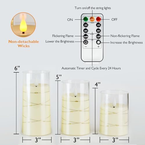 Amagic LED Flameless Candles, Battery Operated Candles with Embedded Fairy Lights, Acrylic Fake Candles with Remote and Timer for Wedding Home Decor, Ivory White, Set of 3, D3 x H4 5" 6"