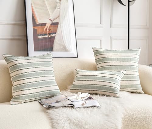 Cethom Decorative Boho Throw Pillow Covers, Farmhouse Textured Pillow Case, 20 x 20 Inch Set of 2, Chair Sofa Bedroom Living Room Home Decor Couch Cushion Case, Green and Beige Striped