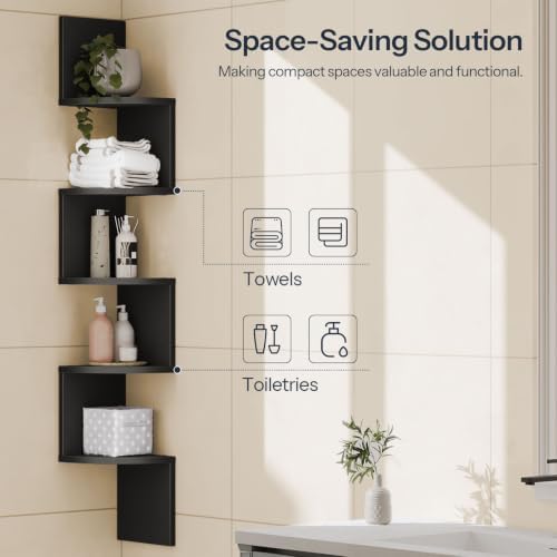HOOBRO Corner Shelf Wall-Mounted, Set of 2 Floating Corner Shelves for Wall, 5-Tier Corner Bookshelves for Living Room, Bedroom, Bathroom, Home Office, Black BK26BJP201