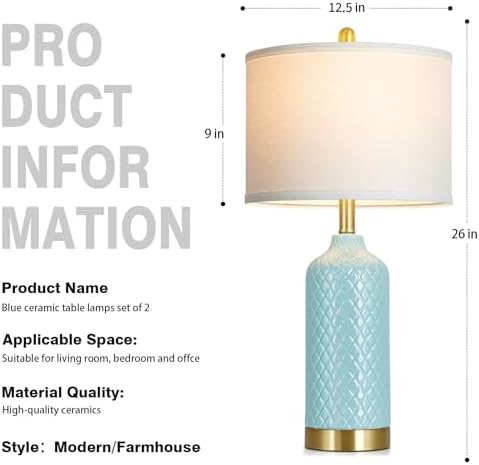 26“ Aqua Blue Ceramic Table Lamps Set of 2, Coastal Ceramic Lamps for Bedroom, Modern Bedside Lamp for Living Room, Elegant Farmhouse Nightstand Lamp for Desk Side End Table Home Decor