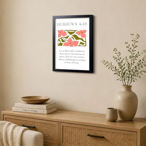 Framed Hebrews 4:16 Bible Verse Wall Art, Christian Floral Canvas Wall Decor Painting, Boho Religious Inspirational Scripture Print Poster Picture for Living Room Bedroom Prayer Room Home Decor 12x16 Inch