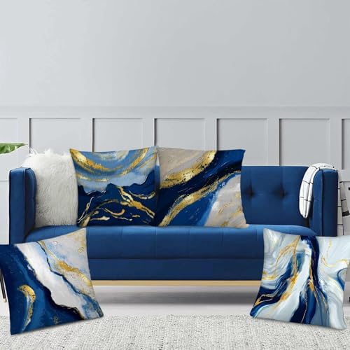 Navy Blue and Gold Throw Pillow Covers 18x18 Set of 4 Modern Art