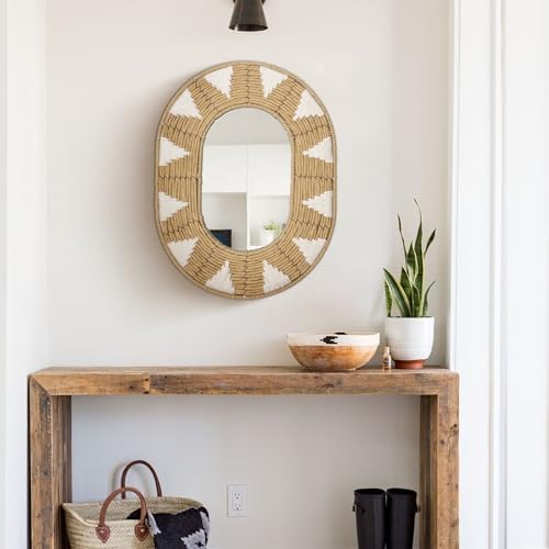 Briful Bohomain Wall Mirror Oval Decorative Mirror Seagrass Wall-Mounted Mirror Farmhouse Home Décor, Hanging Wall Art for Living Room Bedroom Dining Room, Size-16.54''x12.6''