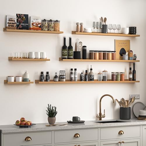 Heimlove Picture Ledge Shelf, Floating Shelves Set of 2, 24 Inches Picture Shelf for Wall with Ledge, Kids Bookshelf Wall Mounted for Living Room Bedroom Decor Books Photo Frames - Natural Oak