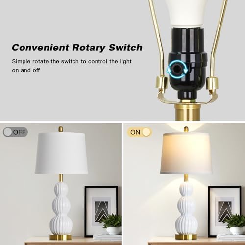 28" White Ceramic Table Lamp for Nightstand, Modern Bedside Table Lamp for Bedroom, Triple Gourd Lamp for Living Room End Table (1 Pack)