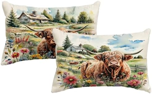 Highland Cow Decorative Throw Pillow Covers with Wildflowers 12×20 Inch Farmhouse Rustic Cushion Cover Western Cows Lumbar Pillowcase 2Pack for Couch Sofa (Green)