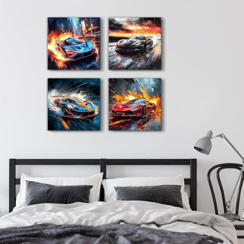 Abstract Lamborghini Car Wall Art Cool Sports Car Pictures Wall Decor for Men Cave Garage Bedroom Pop Ferrari Car Poster Street Landscape Painting Canvas Prints Game Office Home Decorations 16x16" 4P