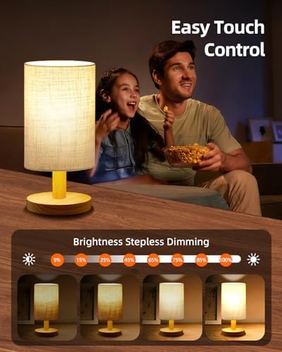 Small Touch Table Lamp for Bedroom, Portable LED Desk Lamps, 3 Color Stepless Dimming Up, Wood Base Round Flaxen Fabric Shade for Kids Room, Living Room, College Dorm, Home, Office