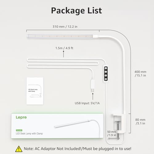 Lepro Small Desk Lamp with Clamp, LED Reading Lamps, 460LM, 5W, White