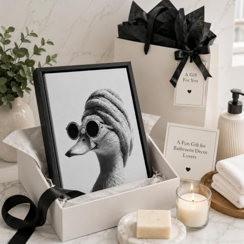 Framed Funny Bathroom Wall Art, Duck in Towel Canvas Print, Minimalist Black and White Humor Bathroom Animal Decor for Restroom Toilet 12x16in