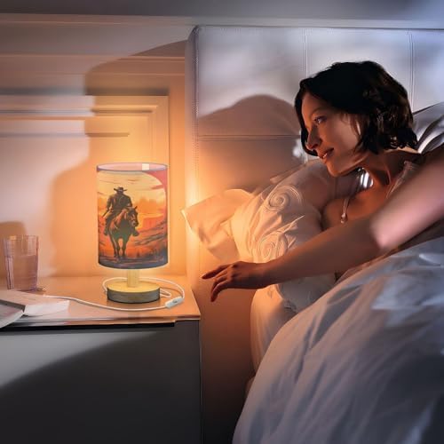 ALAZA American Sunset Cowboy Decor Bedside Table Lamp with USB Port for Bedroom Nightstand Office Desk LED Bulb Included