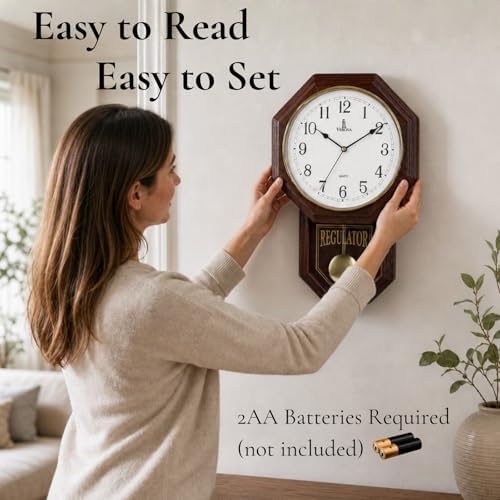 Pendulum Wall Clock, Real Wood Regulator Clock, Quiet, Non-Chiming, Wooden