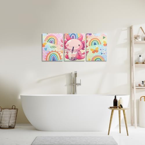 Feelyou Cute Axolotl Canvas Wall Art for Bedroom Wall Decor for Living Room Office Wall Decor Cartoon Axolotl Kids Girls Wall Painting Framed Wall Pictures 3 Piece Ready to Hang Bathroom Home Decor