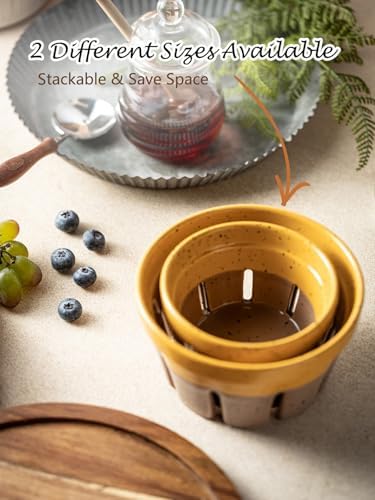 Gomakren Ceramic Berry Bowl Set of 2 Harvest Fruit Basket, Yellow + Brown