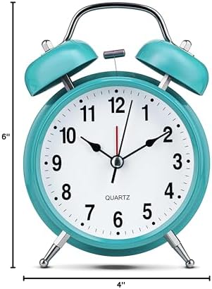 Bernhard Products Analog Alarm Clock 4" Twin Bell Robin Egg Blue Silent Non-Ticking Quartz Battery Operated Extra Loud with Backlight for Bedside Desk, Retro