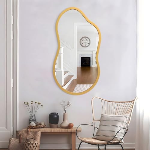 AAZZKANG Large Wall Mirror with Wood Framed 26"x16" Gold Irregular Hanging Mirrors Asymmetrical for Bathroom Bedroom Living Room Entryway