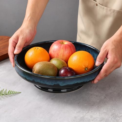 Ceramic Fruit Bowl for Kitchen Counter,Decorative Pedestal Bowl for Table Countertop,Japanese Stye Large Footed Serving Bowl,10.2 Inch (Starry Blue)