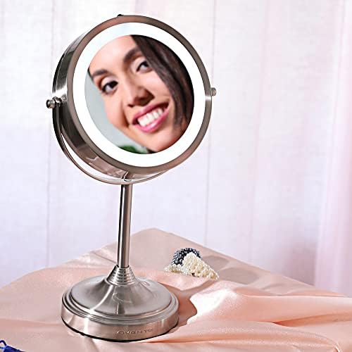 OVENTE 7'' Lighted Tabletop Makeup Mirror, 1X & 7X Magnifier, Spinning Double Sided Round LED, Great for Vanity, Bath, & Bedroom, Battery Powered, Nickel Brushed MCT70BR1X7X (Pack of 2)
