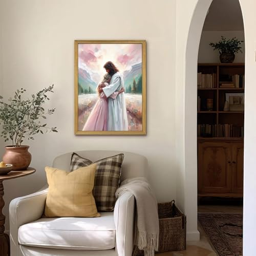 Pink Jesus Wall Art, Christian Canvas Wall Decor Paintings, Jesus Healing Embracing Woman Posters Print Artwork, Pink Room Decor for Living Prayer Church Bedroom 16x24 inch Framed