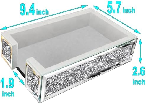 Wocred Mirror Guest Towel Napkin Holder,Crystal Crushed Diamond Dinner Napkin Holder for Dining Table,Rectangle Guest Disposable Towels Tray for Bathroom .(9.4”X5.7”X2.6”)