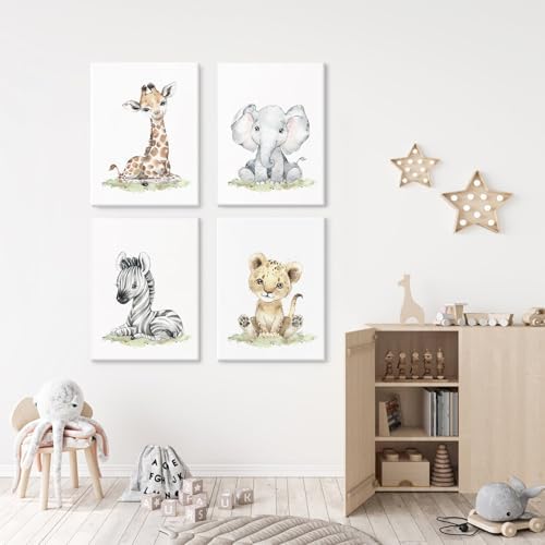 Safari Nursery Wall Art Decor Baby Animal Canvas Wall Art Woodland Nursery Wall Decor Kids Jungle Animal Pictures Safari Giraffe Elephant Tiger Prints for Room Bedroom 12x16x4 Inch Wrapped Canvas