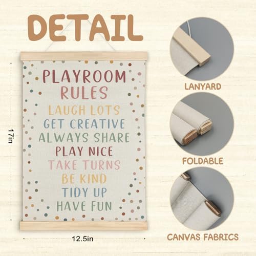 SereneHanctuary Boho Playroom Rules Wall Art, Kids Playroom Wall Decor, Colorful Dot Kids Poster Hanger Frame for Toddler Girls Boys Play Room Nursery Bedroom Home Decor, 12x16 Inch