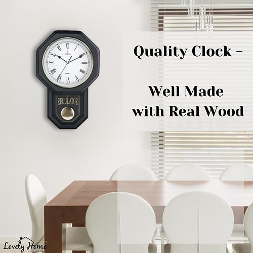 Pendulum Wall Clock, Real Wood Regulator Clock, Black, Quiet Non-Chiming
