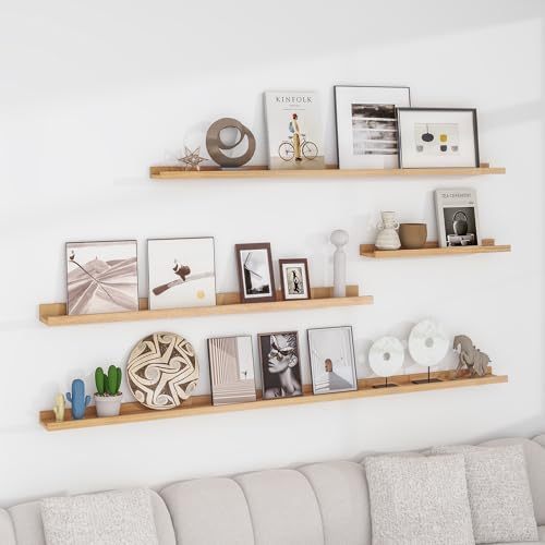 FLYJOE Picture Ledge Shelf, Floating Shelves Set of 2, Solid Ash Wood 72'' Long Large Nursery Book Shelves for Toys Storage, Kids Bookshelf for Living Room Bedroom Decor Books Photo Frames, Natural
