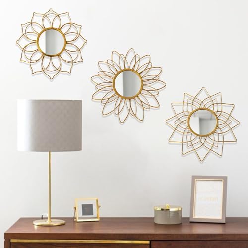 Champagne Gold Round Mirrors for Wall, Decorative Mirrors for Wall Decor | Manortang; 9 Inch; 3pcs; Circle Mirror; Modern Line Art; Handmade Article; Rustproof; Indoor & Outdoor; Great gift choice